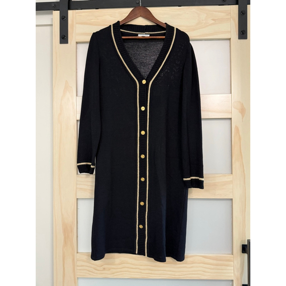 VTG St. John Sport Black Wool Blend Cardigan Dress Gold Trim Medium - Picture 1 of 7